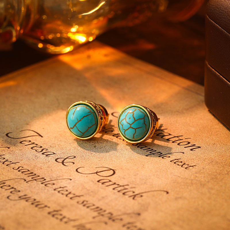 Koyace Round Natural Blue Turquoise Stud Earrings