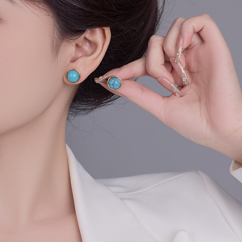 Koyace Round Natural Blue Turquoise Stud Earrings