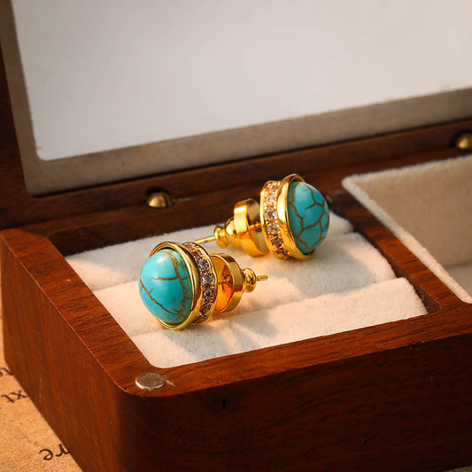 Koyace Round Natural Blue Turquoise Stud Earrings