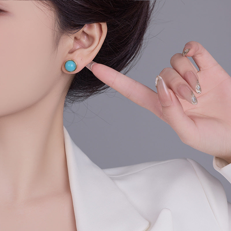 Koyace Round Natural Blue Turquoise Stud Earrings