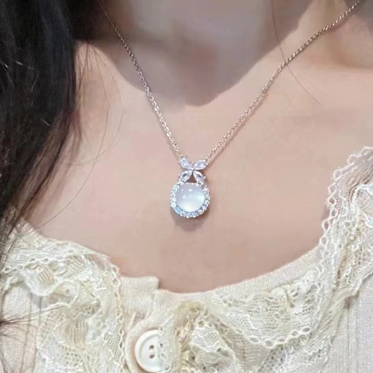 Koyace Round White Chalcedony Pendant Collarbone Chain Necklace S925