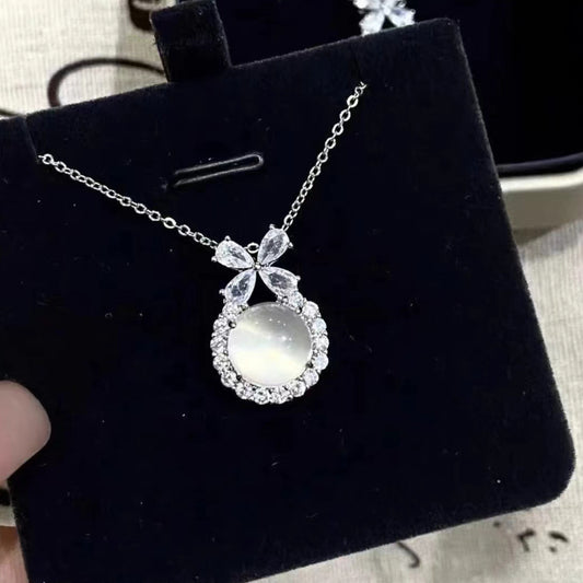 Koyace Round White Chalcedony Pendant Collarbone Chain Necklace S925