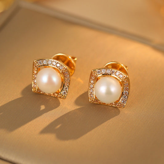 Koyace Square-framed Freshwater Pearl Stud Earrings