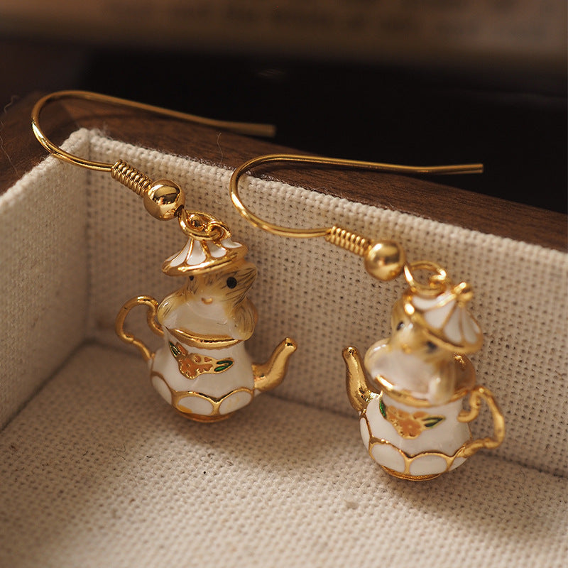 Koyace Tea Cup Chipmunk Enamel Cartoon Earrings