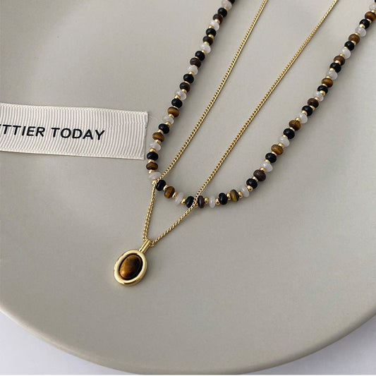 Koyace Tiger's Eye Pendant Layered Beaded Necklace