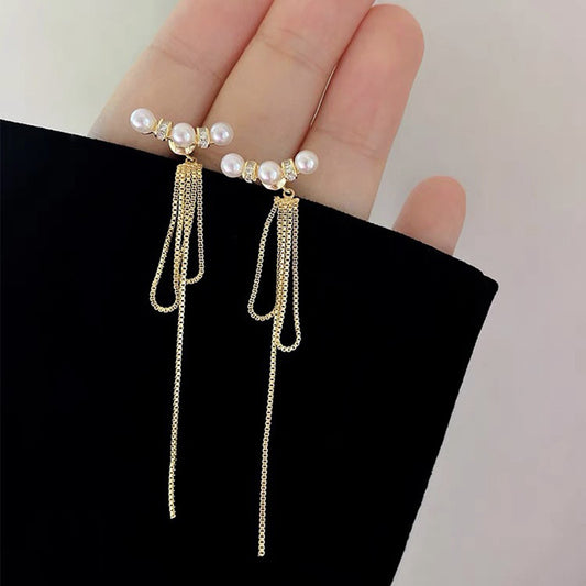 Koyace Two Way Wear Long Tassel Pearl Stud Earrings