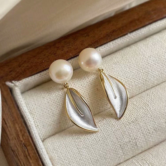 Koyace White Leaf Pendant Pearl Earrings