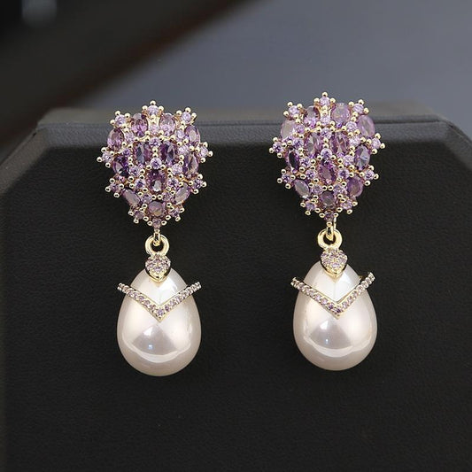 Koyace Zircon Inlaid Teardrop-Shaped Pearl Earrings