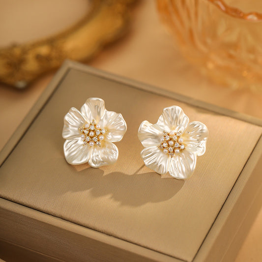 Koyace Zircon Stamens Artificial Pearl Flower Stud Earrings